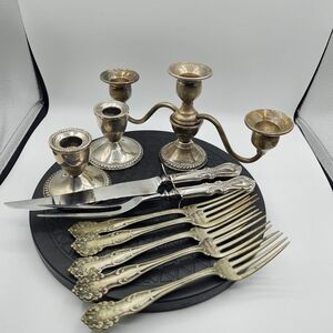 Antique-Sterling Flatware & 3-Arm Candlestick Set: 5 forks, 1 knife, 1 large for